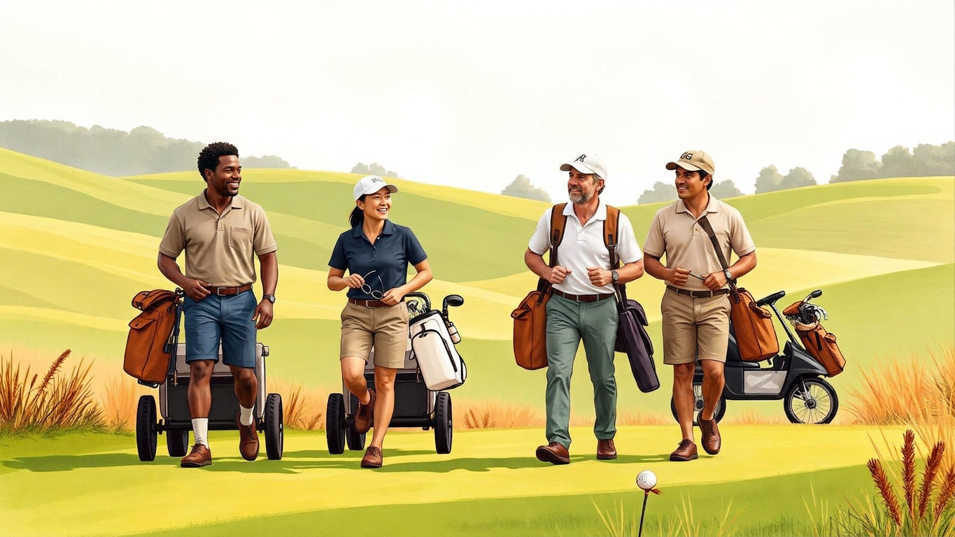 A diverse foursome of friends — a Black man, an Asian woman, a white man, and a Hispanic man — walking down a sunlit fairway with their golf bags, laughing on a Saturday morning round
